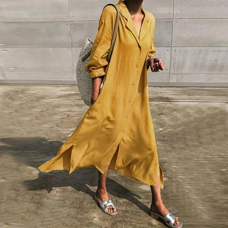 ZANZEA женское Элегантное Длинное Платье-рубашка с v-образным вырезом на пуговицах, Осеннее однотонное хлопковое льняное платье, женский сарафан, халат с длинным рукавом и отворотом, Vestido - Цвет: Цвет: желтый