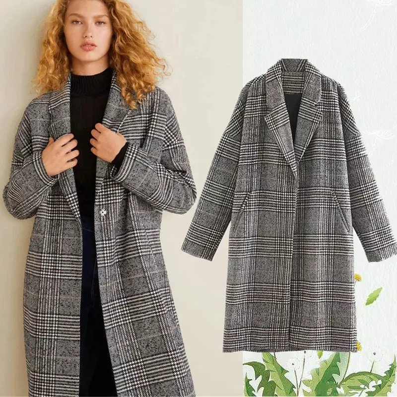 

Winter wool plaid coat Hepburn retro casual elegant grey loose plaid medium long new autumn/winter 2019
