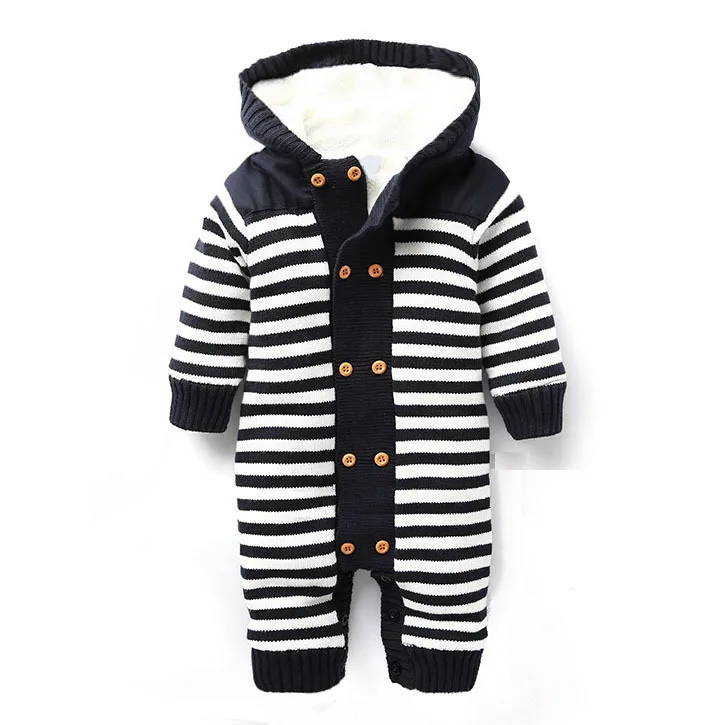 Dollplus/Новинка года; вязаный свитер для маленьких мальчиков и девочек; комбинезон; зимние плотные детские комбинезоны с капюшоном; детская хлопковая мягкая одежда - Цвет: Тёмно-синий