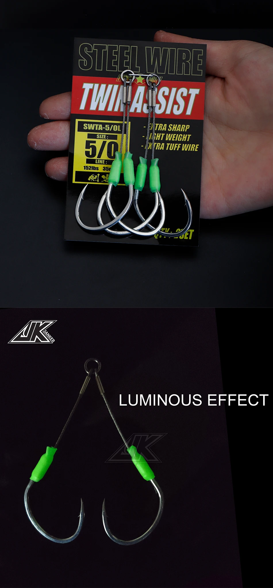 JK 5packs Sea Fishing Hook Steel Wire 7x7 Slow Jigging Size 1/0 2/0 3/0 4/0 5/0 Luminous Double Assist Hook Slow Pitch Tackle