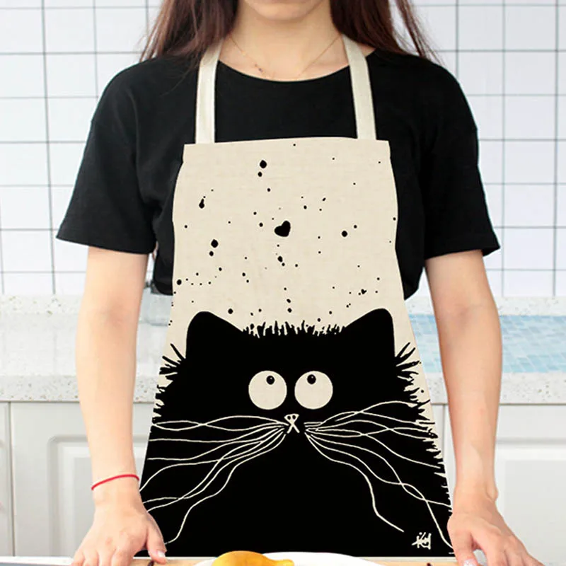 VIERUODIS Kitchen Cooking Apron Cute Cartoon Cat Printed Sleeveless Funny Cotton Linen Apron Man Woman Baking Clean Home Tools