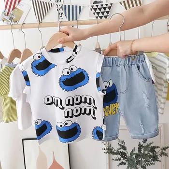 

2020 Summer New Baby Short-Sleeved Suit Summer Dress Sesame Street Sleeveless Vest Denim Shorts Two-Piece Set