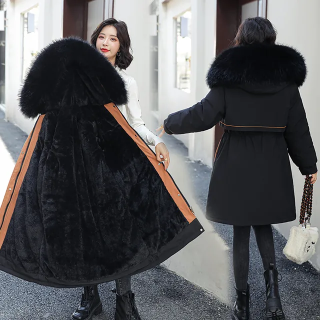 Vielleicht Winter Jacket Women Thick Parkas Long Fur Liner Hooded Winter Coat Women Cotton Padded Jacket Gilrs Jaqueta Feminina black