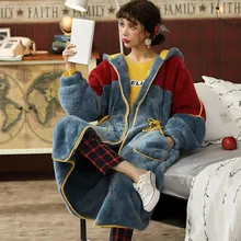 Коралловая бархатная женская осенняя и зимняя утепленная плюшевая теплая Пижама зимний свободный большой фланелевый Халат с капюшоном цельный