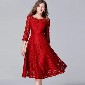 

European Winter ladies Elegant warm fleece Lace midi dress big bottom cultivating party dress 3/4 sleeves fashion vestidos XXXXX