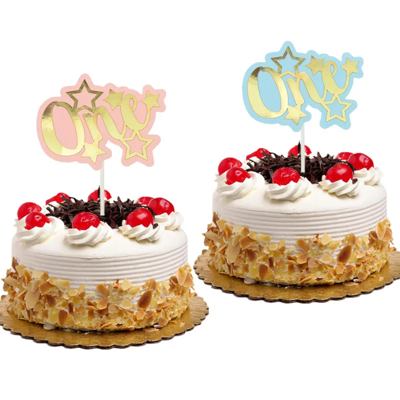 Gillter cake topper Flags One Year 1st First Happy Birthday Cake Toppers Pink Kids Gift Wedding Baby Shower Party Baking DIY