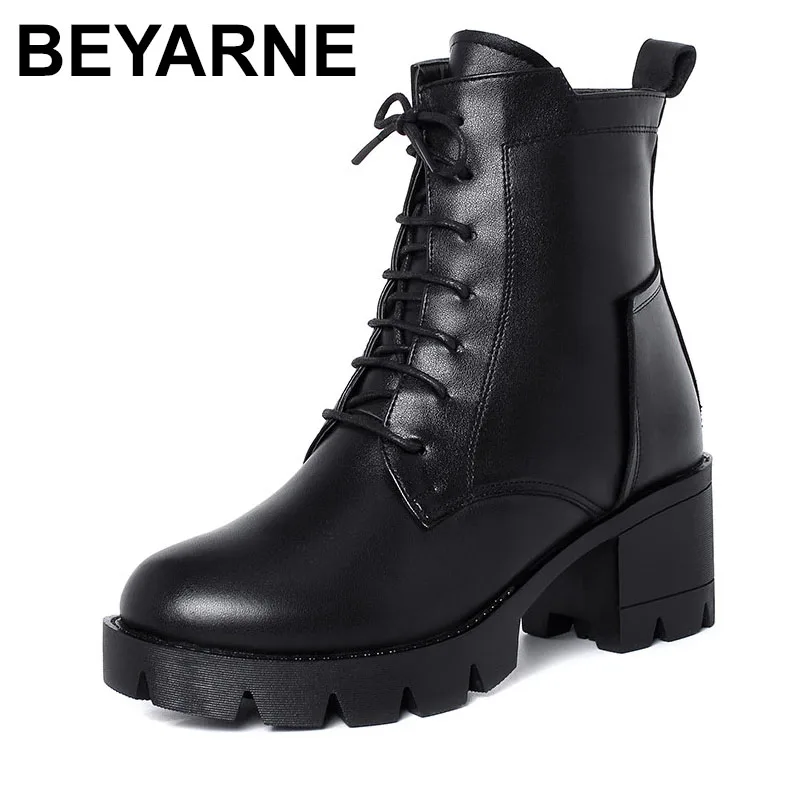 

BEYARNEWinter Boots Women 2021 New Ladies Ankle Boots Genuine Leather Warm Wool Lace Up Motorcycle Boots Women