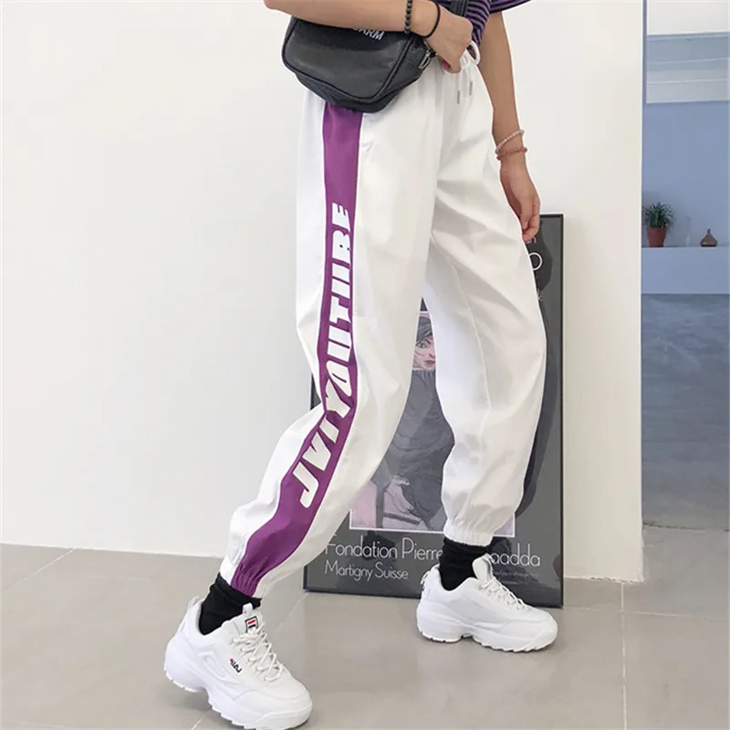 Черно-белые спортивные штаны с лентами, трендовые штаны для уличных танцев в стиле хип-хоп, женские летние осенние тонкие свободные брюки в Корейском стиле для женщин - Цвет: ST-17