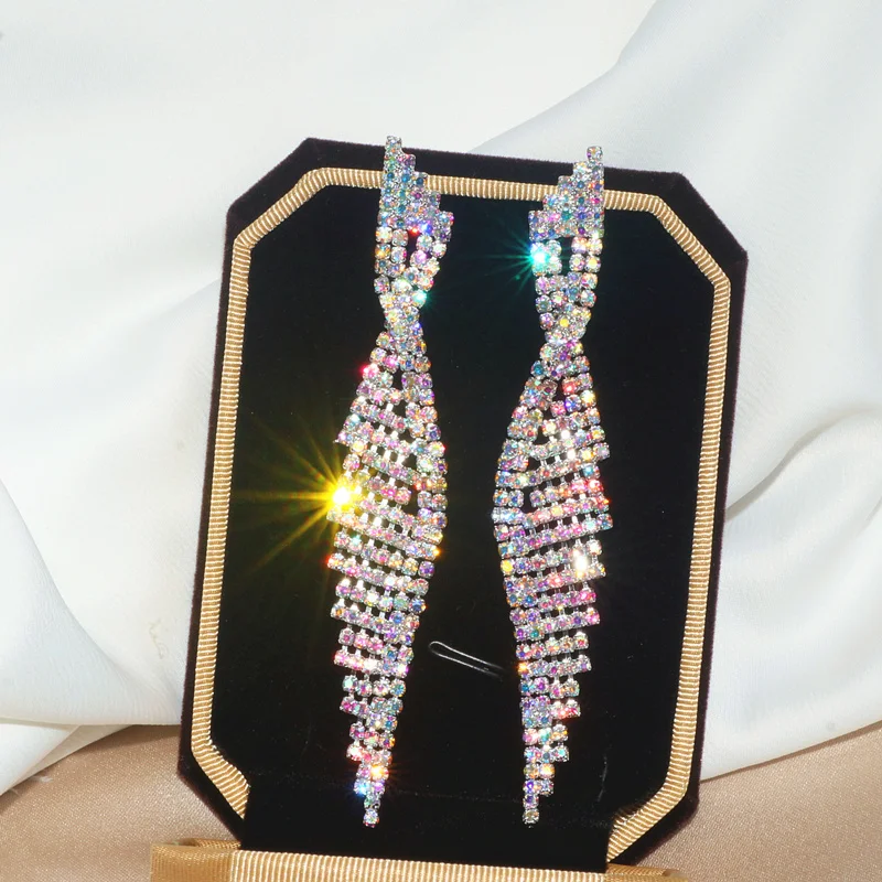2020 Luxury Bling Colorful Crystal Rhinestone Long Tassel Earrings For Women Bridal Big Drop Dangle Earrings Wedding Jewelry
