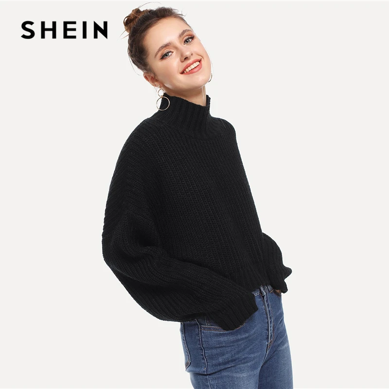 SHEIN черный однотонный короткий свитер с высоким воротом, осенний свитер для женщин, топы, зимняя уличная одежда с длинным рукавом, повседневный женксие кофты