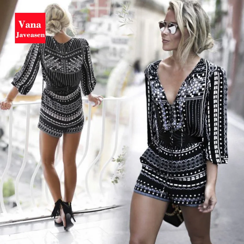 

Vana Javeasen Sexy Deep V-Neck Playsuit Half Sleeve Lady Party Jumpsuit Romper Summer Hollow Out Trousers Clubwear Playsuit