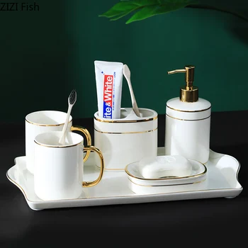 

Light Luxury Ceramics Wash Set Five-piece Suit Mouthwash Cup Toothbrush Holder Liquid Soap Bottle Household Bathroom Supplies