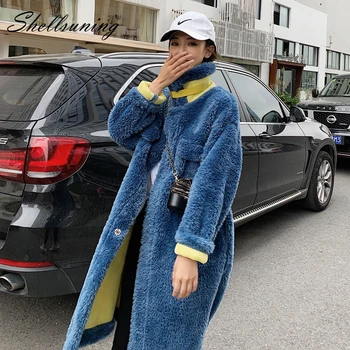 

Shellsuning Lambswool Coats Women High Collar Faux Fur Long Thicken Jacket Female Winter Warm Solid Splice Overcoat Outerwear