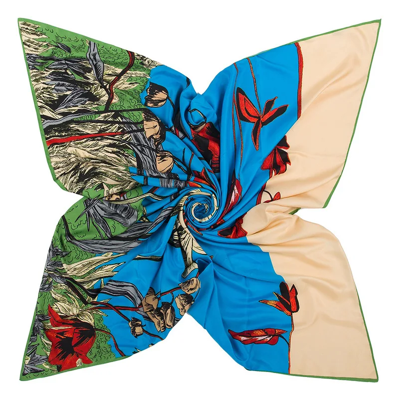 

Matagorda 130-130CM Big Kerchief 100% Silk Twill Scarves Lake Flowers Pattern Shawls and Wraps Scarfs for Ladies Hijab Scarf