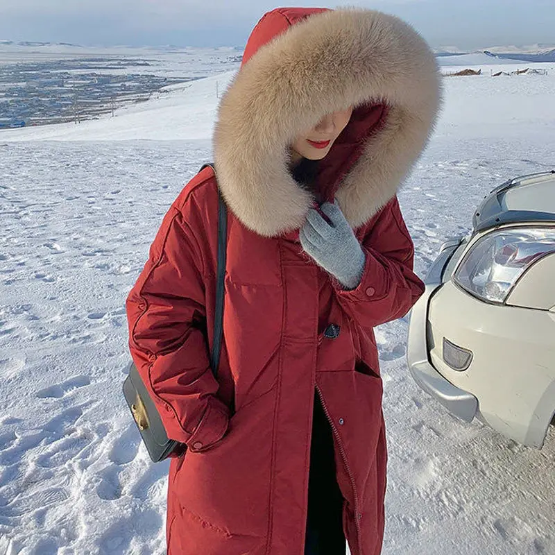 High fashion down jacket for women 2021 New long big fur collor hooded thick white duck down loose coat light winter cold snow