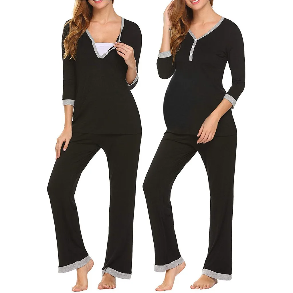 Рубашка с длинными рукавами для беременных и кормящих малышей, топы+ регулируемые штаны, пижамный комплект, одежда для грудного вскармливания