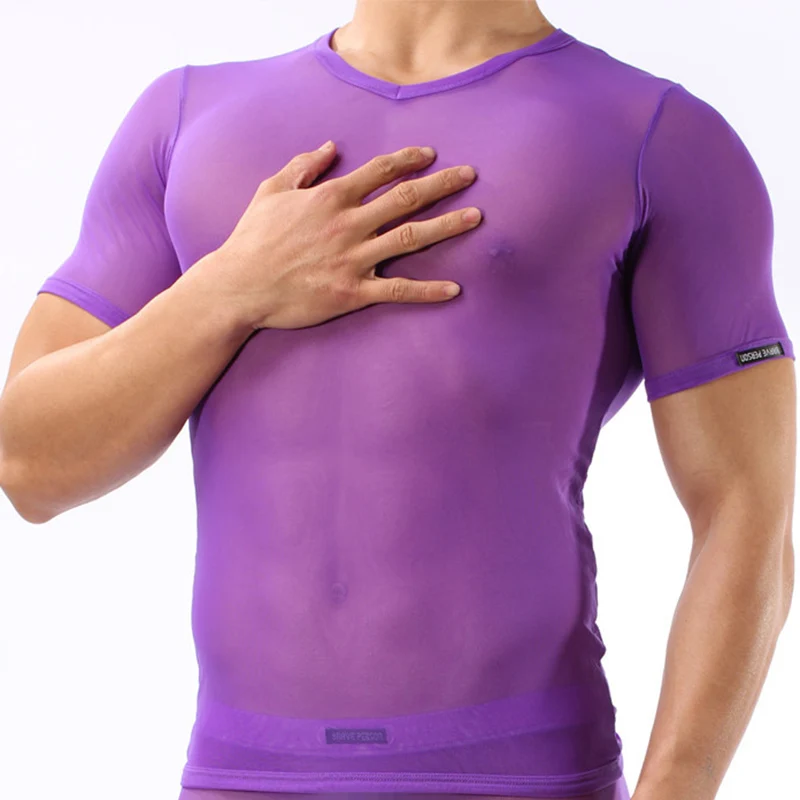 Man Undershirt Ultra-thin Transparent Shorts Sleeve T-shirts Ice Silk Gay Breathable Tops Tee Male Nightwear Sexy Sleepwear