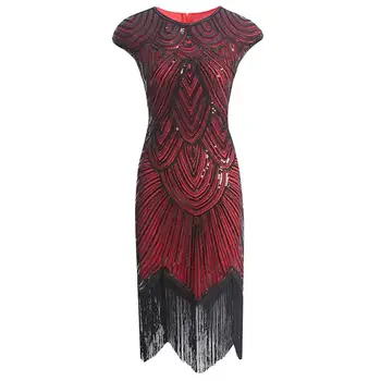 

Vintage 1920s Flapper Great Dress O-Neck Cap Sleeve Sequin Fringe Party Midi Dress Art Deco Women Dress dresses