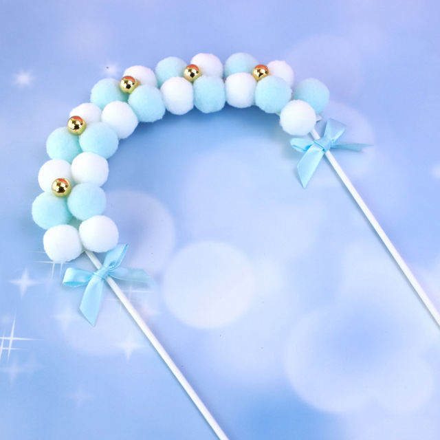 Pearl Bow Soft Pompom Cake Topper Flags Wedding Birthday Party Cake Decor Kids Baby Shower Favors Cupcake Topper Supplies