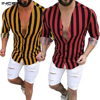 

INCERUN Fashion Men Striped Shirt V Neck Long Sleeve Button Literary Shirts Vacation Hawaiian Casual Joker Social Mens Blouse