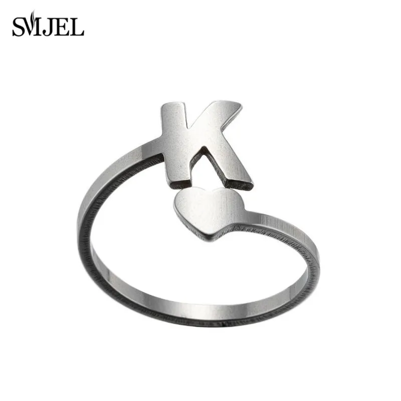 SMJEL Tiny Heart A-Z Letter Rings Adjustable Stainless Steel Opening Ring Initials Name Alphabet Female Party Trendy Jewelry finger ring stainless steel ring adjustable rings opening ring sparkling heart ring