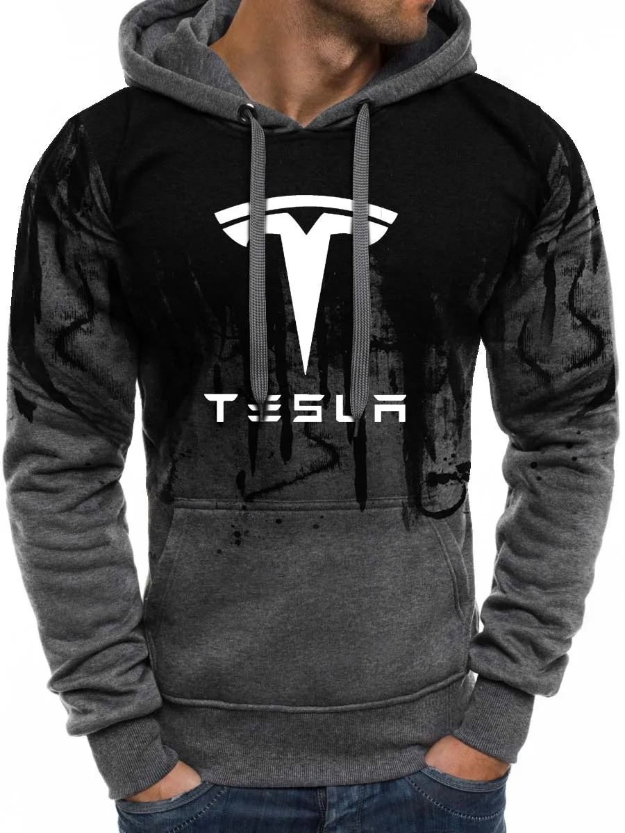 Толстовки мужские Tesla с логотипом автомобиля, толстовка с принтом, весна-осень, градиентная мужская толстовка с капюшоном в стиле хип-хоп harajuku, повседневный спортивный костюм с капюшоном