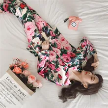 Autumn Women Pajamas Set Bright Flower Sleepwear Printing Pattern Long-sleeved Silk Like Nightie Luxury Home Clothes Nightwear
