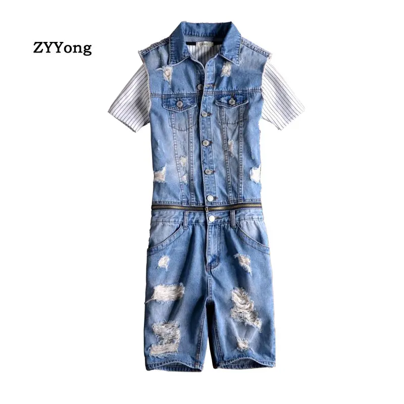 Summer Men's Sleeveless Denim Jumpsuit Hip-Hop Ripped Hole Jeans Shorts Removable Waist Casual Overalls Cargo Pants