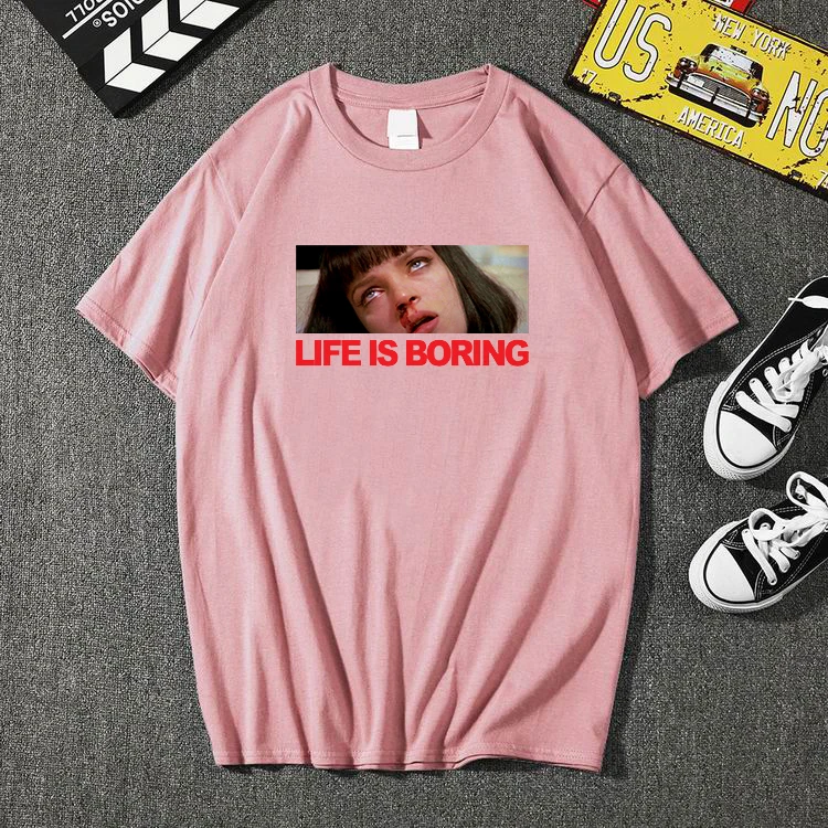 Harajuku белая женская футболка T летняя модная футболка Femme Life is Boring с буквенным принтом Мужская и женская футболка - Цвет: Розовый
