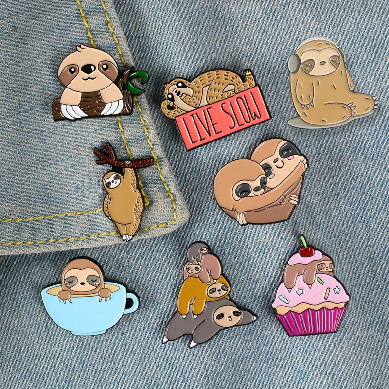 Cute sloth cartoon animal enamel brooch Climbing branches Riding a cake embrace listen to music Coffee cup Creative badge