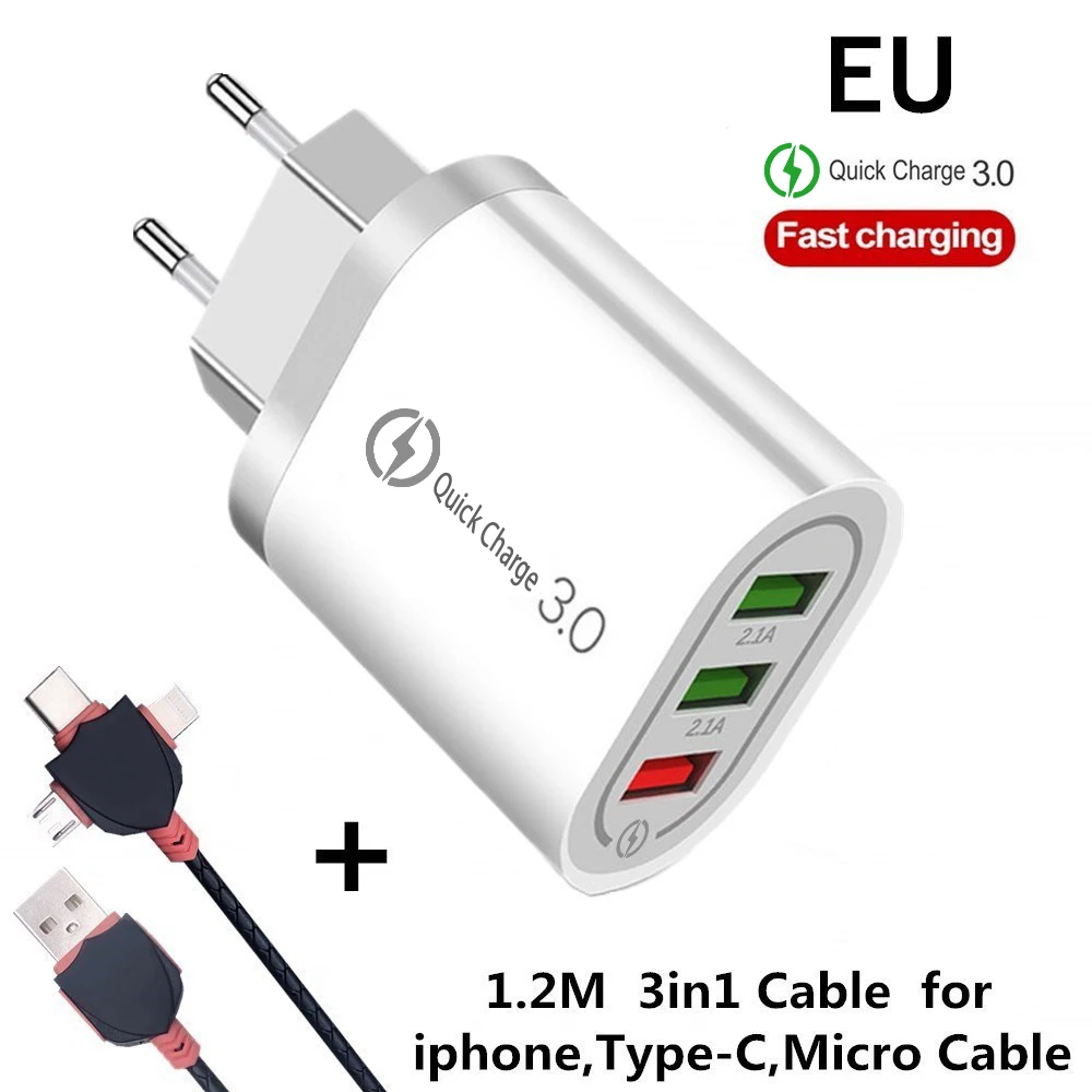 EU/US 5 В/3A зарядное устройство для телефона, быстрое зарядное устройство, быстрая зарядка QC 3,0, зарядное устройство USB для iPhone X 7 8 11 samsung huawei Xiaomi, зарядное устройство - Тип штекера: EU 3in1 Cable White