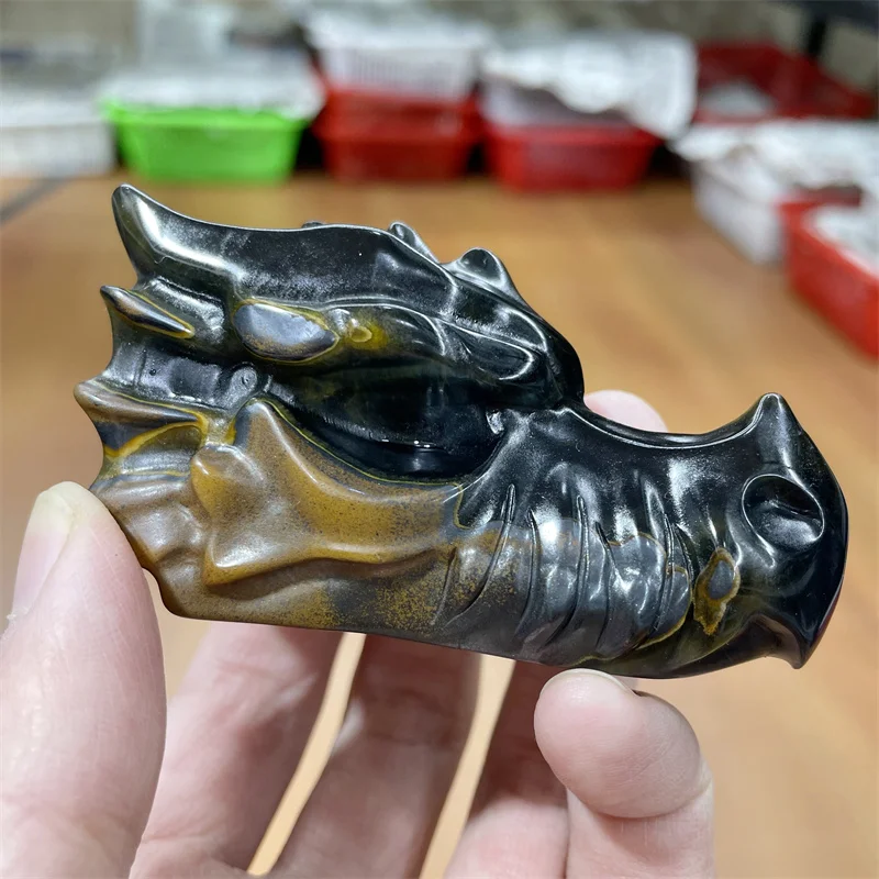 

Статуя из натуральных синих тигровых глаз ручной работы, Резная Голова Дракона, с черепом, полированная, мощная, для украшения дома, подарок