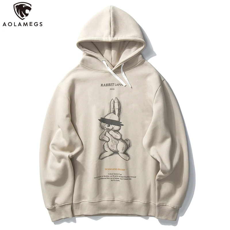 

Aolamegs Vintage Hoodies Sweatshirt Hand-painted Rabbit Print Hip Hop Streetwear Men High Street Harajuku Hooded Pullover Autumn