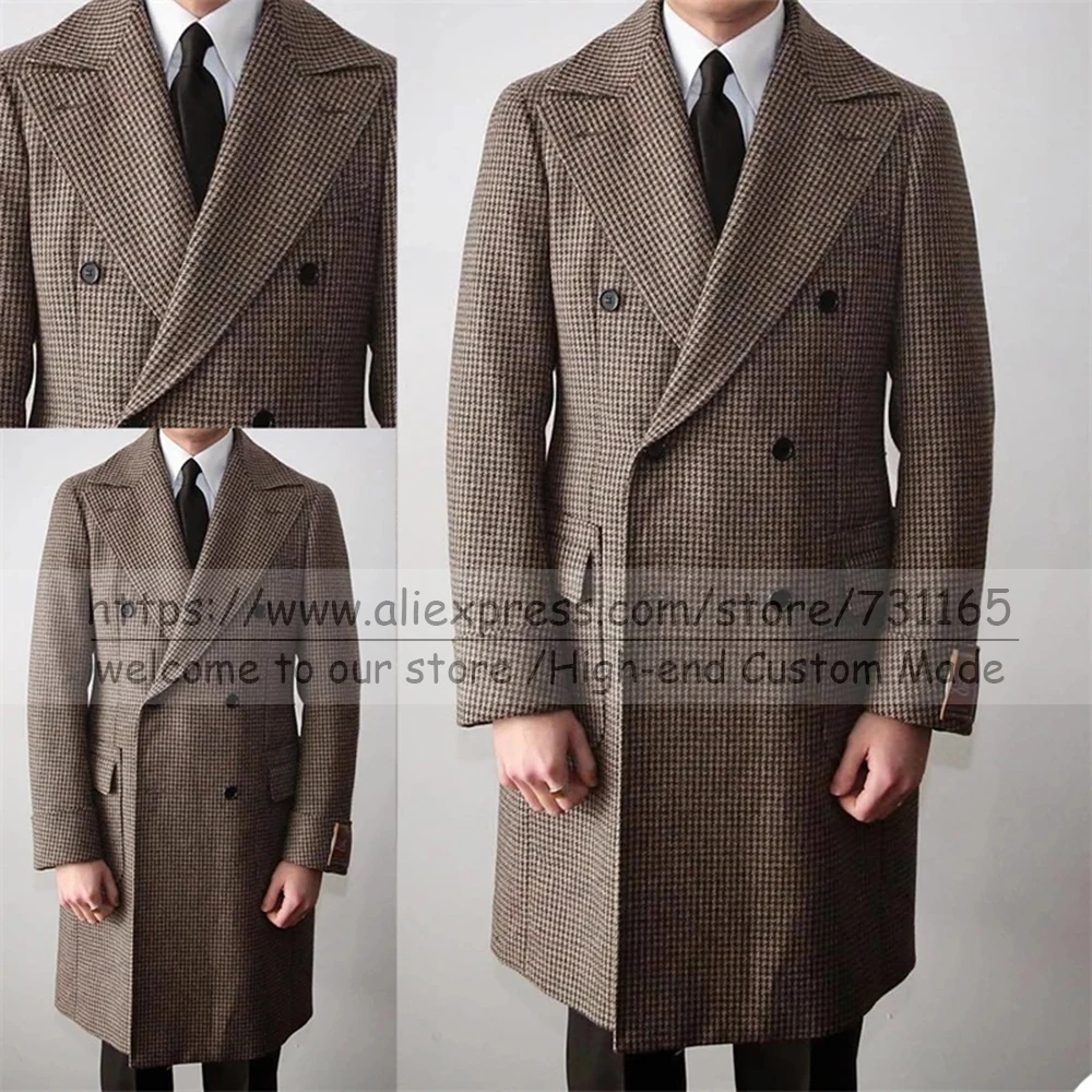 アウトレット 店舗 関東 結婚式用の英国スタイルのメンズロングオーバーコート ダブルブレストの千鳥格子スーツ タキシード ラペルブレザー 定価安い Guildtheatre Co Za