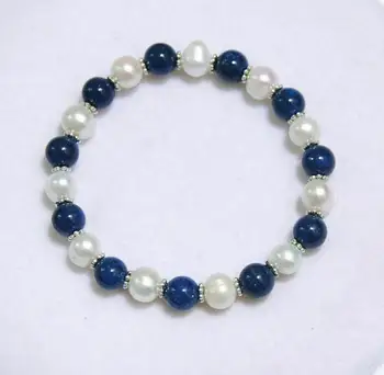 

8mm Lapis Lazuli / White Pearl Gemstones Beads Stretch Bangle Bracelet AAA+ 6-8.5"