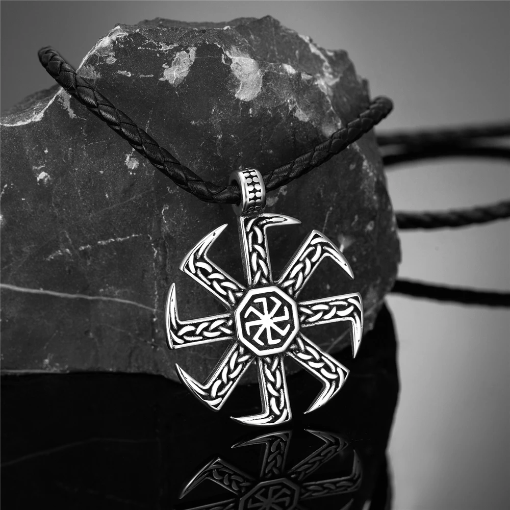 Nordic Slavic Kolovrat Runes Necklace Stainless Steel Viking Vegvisir  Amulet Pendant Men Self-defense Scandinavian Jewelry Gifts