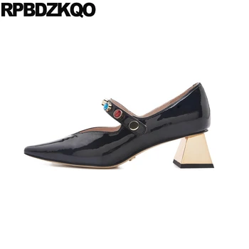 

black diamond block heels shoes for women thick fashion rivet chunky pointed toe crystal mary jane rhinestone stud slip on pumps