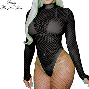 

Black Sexy Mesh Long Sleeves Swimwear Women Lace One Piece Swimsuit High Waist Bodysuits Thong Bathing Suits Female Monokinis XL