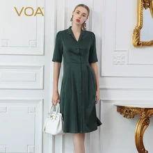 VOA Женская одежда из шелка тутового шелкопряда платья с пятиточечными рукавами свободные средние и длинные темно-зеленые платья A1831