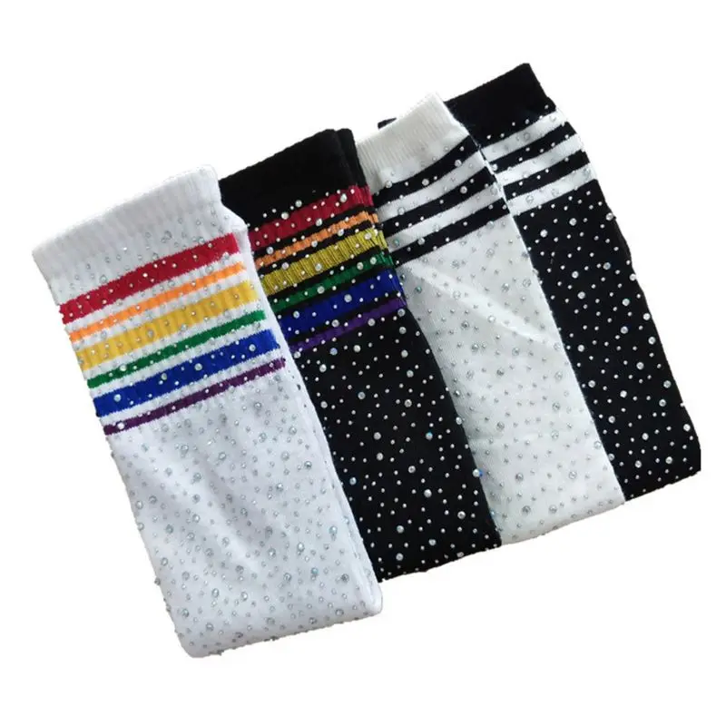 

1 Pair Fashion Children Knee High Socks Colorful Striped Rhinestone Girls Stockings