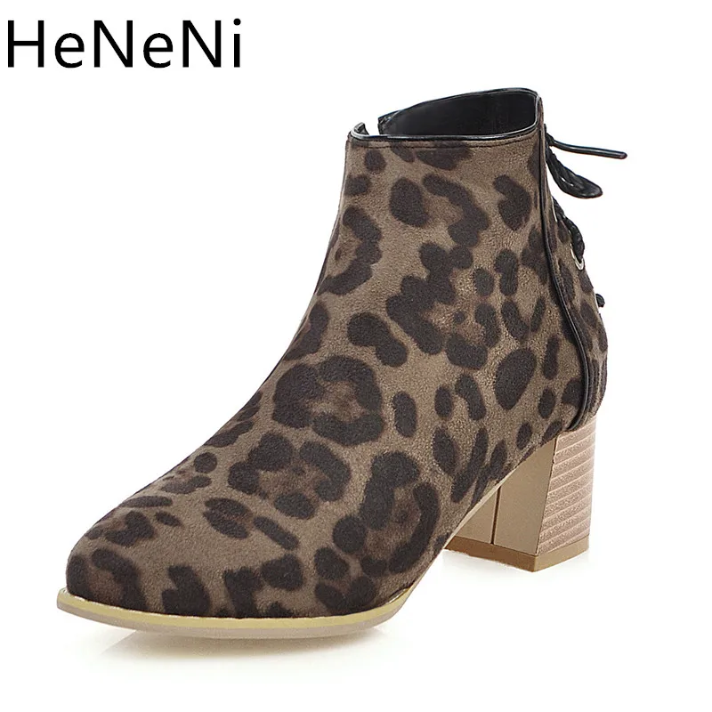 

Women Leopard suede Ankle Boots Platform Shoes Zip Pointed Toe Footwear Thick Heels Female Boots Women Bootie zapatos de mujer