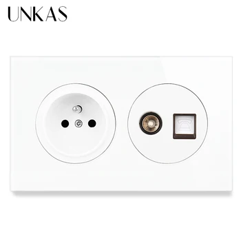 

UNKAS French Standard Wall Socket + Female TV Connector And RJ11 Telephone Jack Crystal Glass And Black Aluminum Panel Outlet