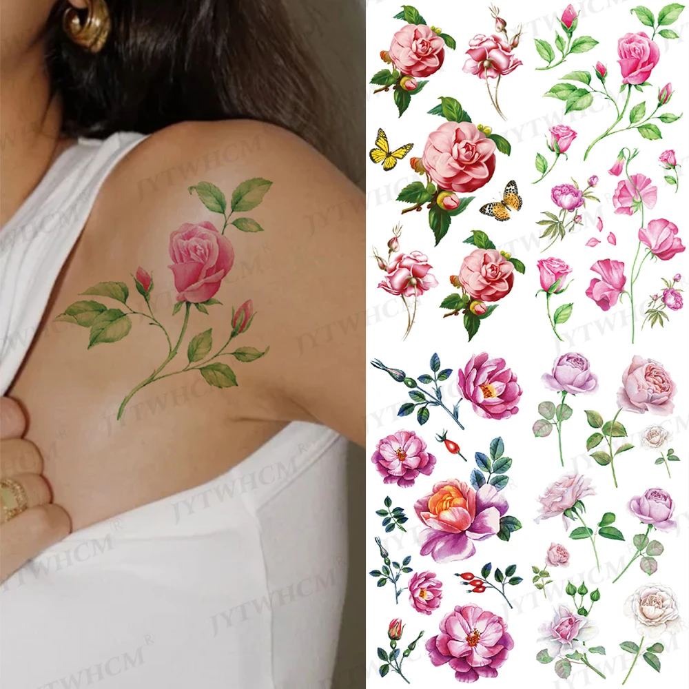 Shoulder Rose Peony Tattoo Stickers Temporary Fake Tattoo Women Plum  Blossom Green Leaf Flash Tattoos Minimalist Body Art Tatto|Temporary Tattoos|  - AliExpress