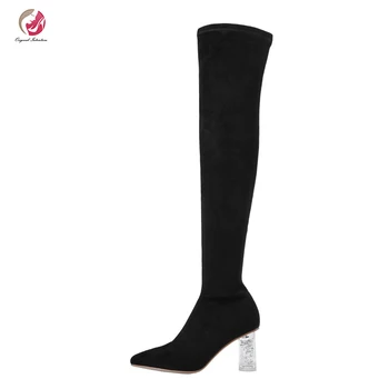 

Original Intention Over-the-Knee Flock Boots Woman Pointed Toe Round Crystal Transparent Heels Boots Woman Concise Shoes Woman