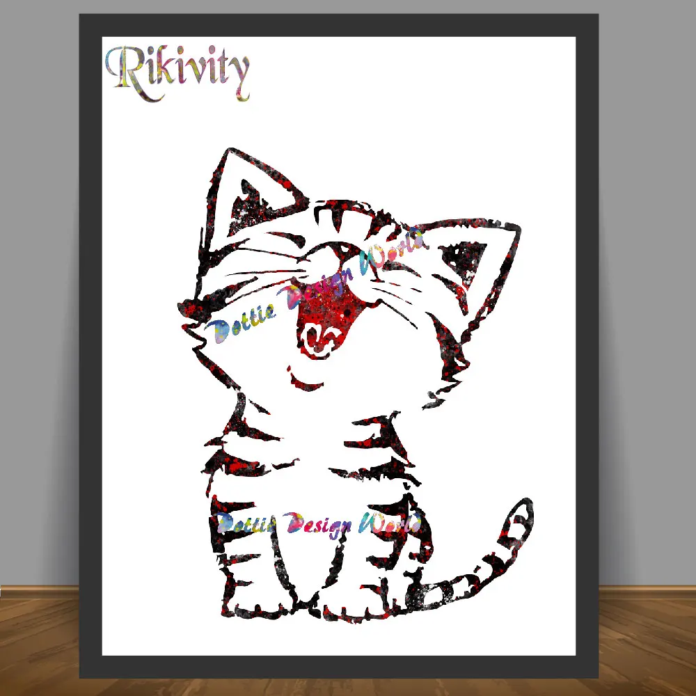 Drawing & Illustration Digital cat art print Blue cute home decor