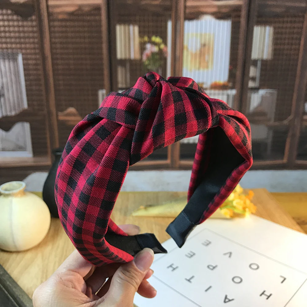 Красный Fresh And Literary Check Pattern Print Headband Knotted Bow Wide Head Hoop Women Hair Accessories Girl Headwear Headdress - Цвет: Красный