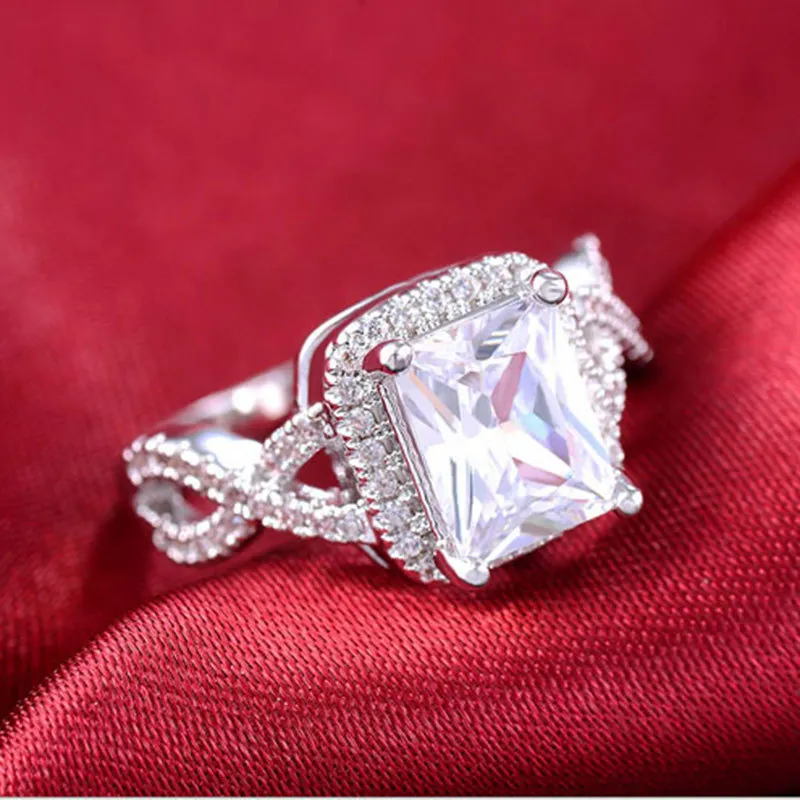

Unique Design Square Cubic Zirconia Rhinestone Rings Silver Color Wedding Statement For Women Best Gift band ring 925
