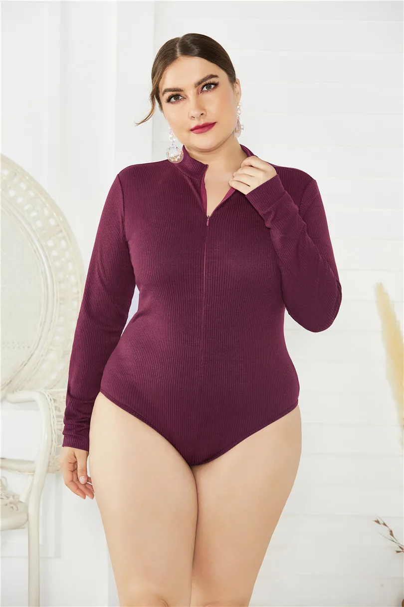 Большие размеры женские 5XL с воротником-стойкой и длинными рукавами, на молнии, вязаный свитер, боди, Осень-зима, Новые однотонные повседневные офисные комбинезоны
