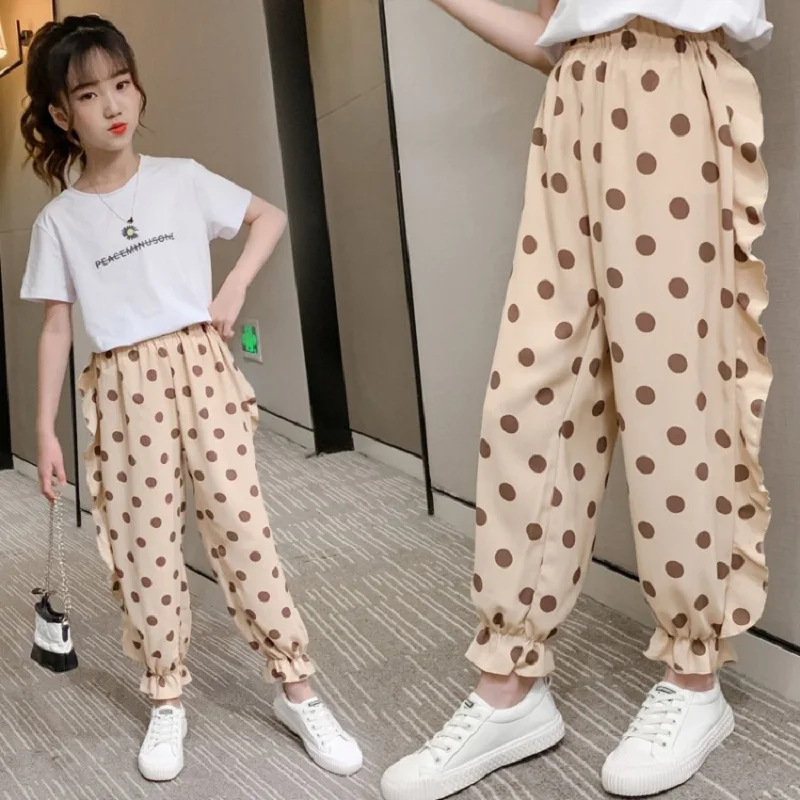 

BEY2020063 Summer Kids Long Pants Baby Girl Chiffon Polka Dots Trousers Children Clothes Middle Elastic Waist
