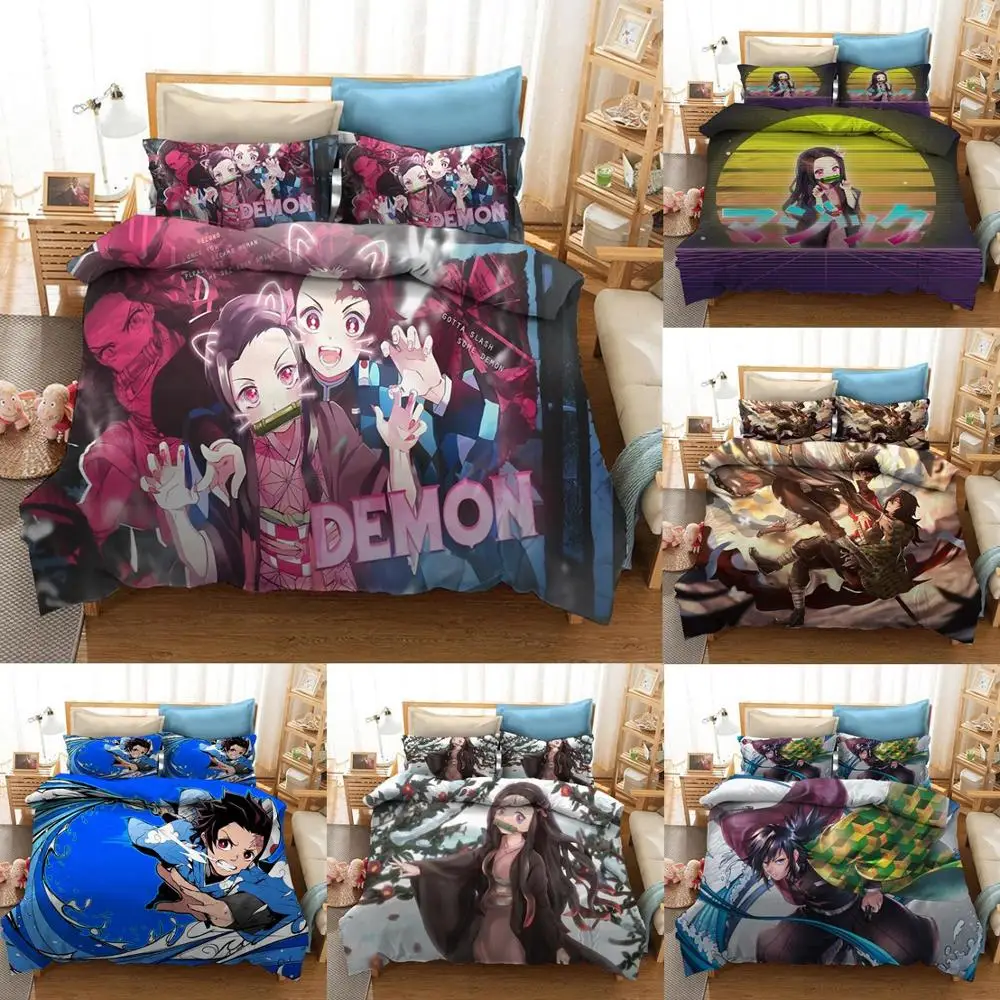 

2/3 Pieces Demon Slayer Bedding Set 3D Print Japan Anime Duvet Cover Cartoon For Bedroom Bed Cover Set Pillowcase(No Sheets)